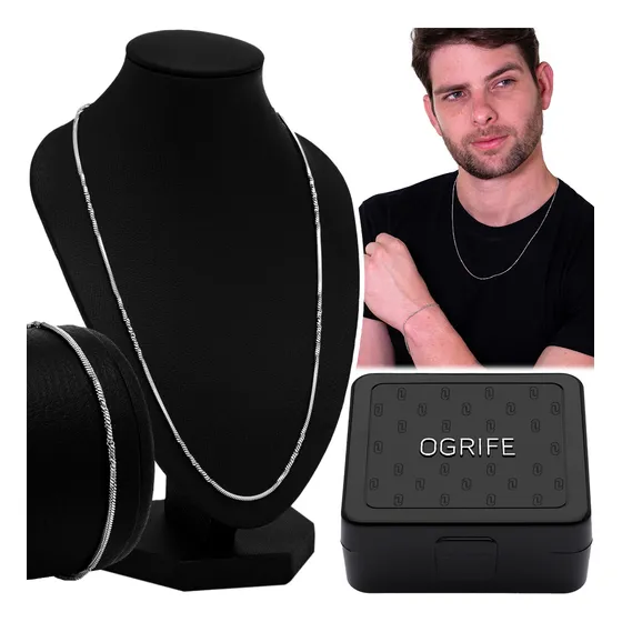 Conjunto Corrente Masculina Fina 1.2mm Prata Cj-175 Aço Inox