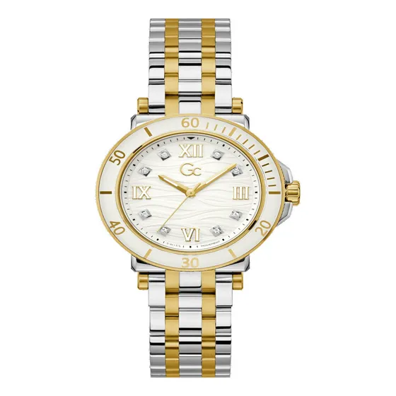 Reloj Mujer Acero Inoxidable Gc One Sport Lady Correa Bitono Bisel Plateado Fondo Plateado