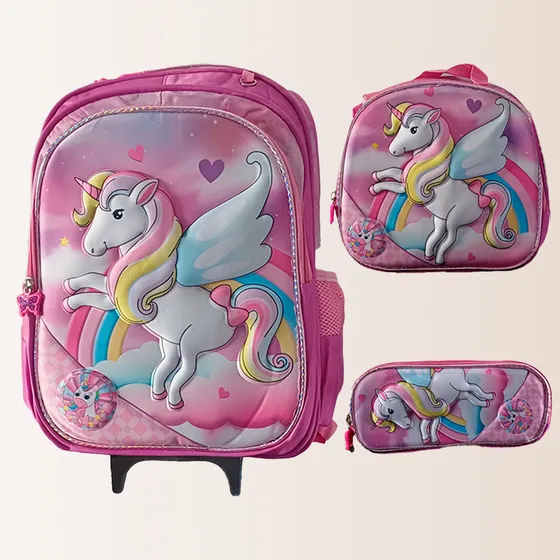 Mochila Estojo Lancheira 3d Grande Rodinha Infantil Cor Unicórnio 3d Desenho Do Tecido Personagens