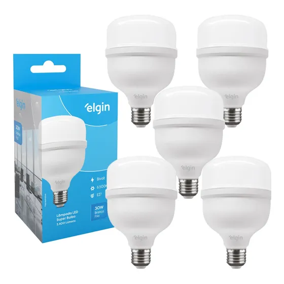 Kit 5 Lâmpadas Super Bulbo Alta Potência Led 30w 6500k Elgin