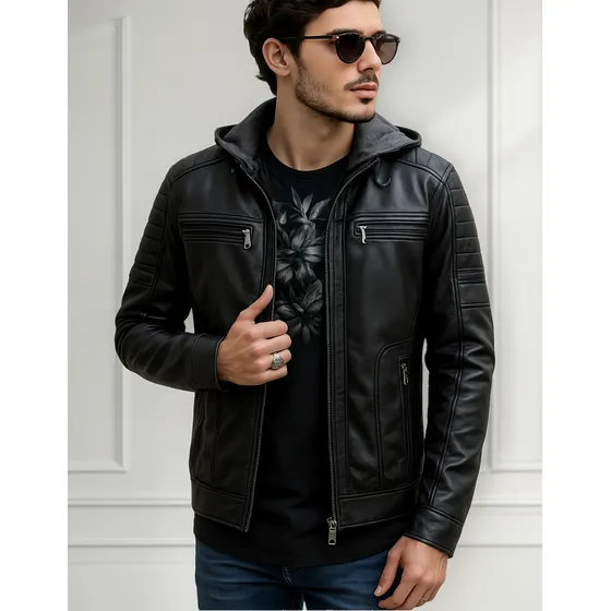 Jaqueta Masculina Forrada Couro Capuz Bolso Funcional