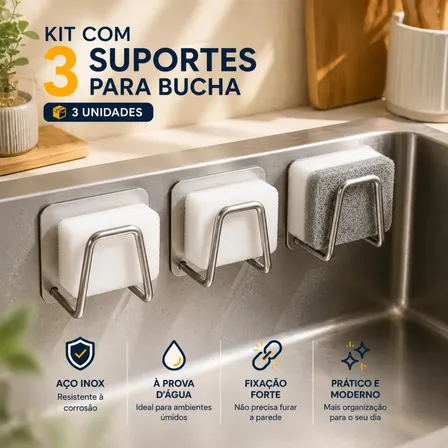 Kit 3 Suporte Porta Bucha Esponja Para Pia Cozinha Organizador Com Gancho Aço Inox Prata