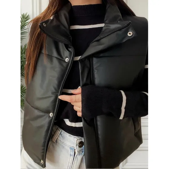 Chaleco Puffer Dama Eco Cuero C/bolsillos Y Botones