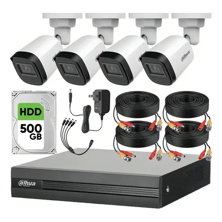 Kit Videovigilancia Cronos 4 Cámaras Dahua Bala B1a21n 2mp + Hdd 500gb + Cables + Accesorios - Kit Cctv Dht0250010-low-cc (dvr Dahua Xvr1b04-i Circuito Cerrado) Blanco-hdd