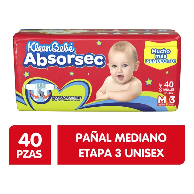 Pañales Kleenbebé Absorsec Etapa 3 Unisex 40 Piezas
