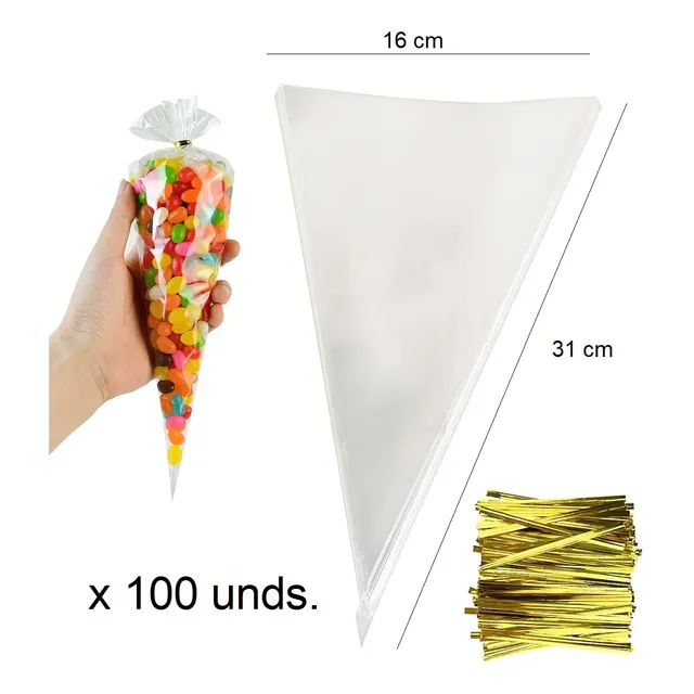 Bolsa De Celofan Para Cotillon Dulces Cono Mediano