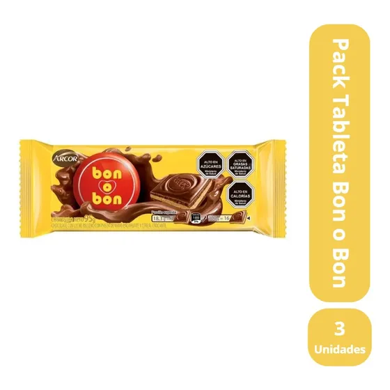 Arcor Tableta Chocolate Bon O Bon Leche Pack 3 Unidades 95 G
