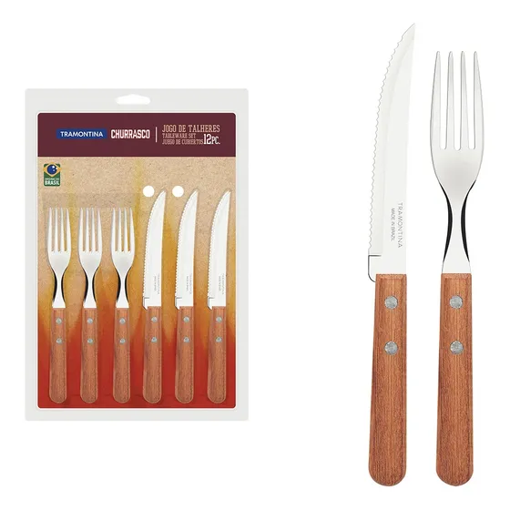 Jogo De Talheres 24 Pçs Tramontina Churrasco Inox Cb Madeira