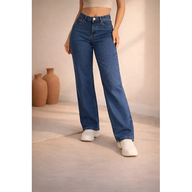 Calça Jeans Feminina Wide Leg Cintura Alta Pantalona