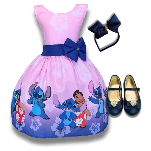 Vestido Temático Infantil Lillo E Stitch + Sapatilha + Tiara