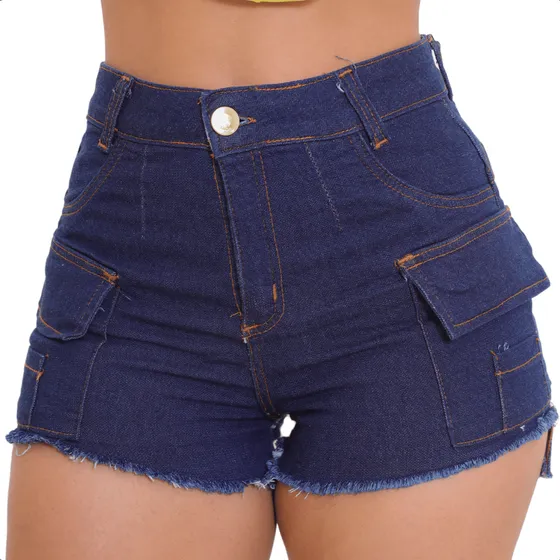 Short Cargo Feminino Com Elastano Cintura Alta Bolso Lateral