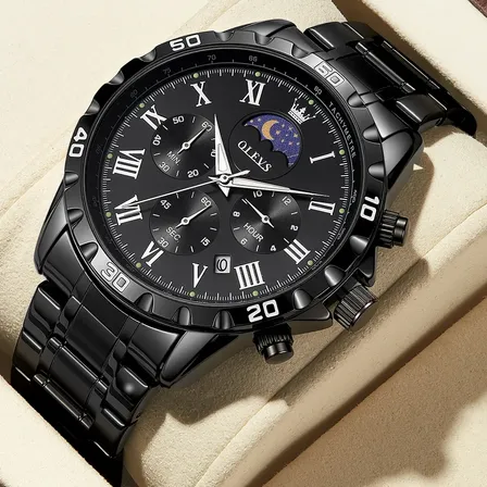 Olevs Relógio Masculino Original Aço Preto Quartzo 2950 Preto
