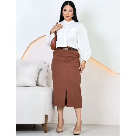 Saia Midi Alfaiataria Premium Social Com Cinto E Bolsos
