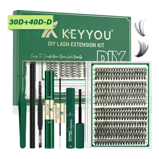 Kit de Cílios Postiços KEYYOU 30D+40D com Cola, Removedor e Pinça Para Extensão em Casa