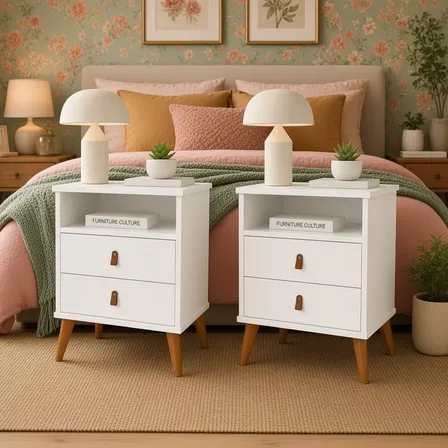 2 Mesas Cabeceira Cômoda 2 Gavetas Pés Retrô Quarto Branco Uv Branco