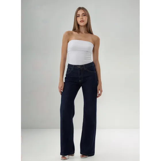 Jeans Wide Leg Striven Mujer Modelo Andino Tiro Alto Rigido