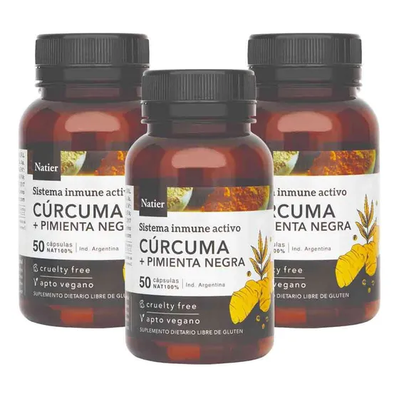 Pack 3 Suplemento en cápsula Natier Cúrcuma + Pimienta Negra Antioxidantes x 50g