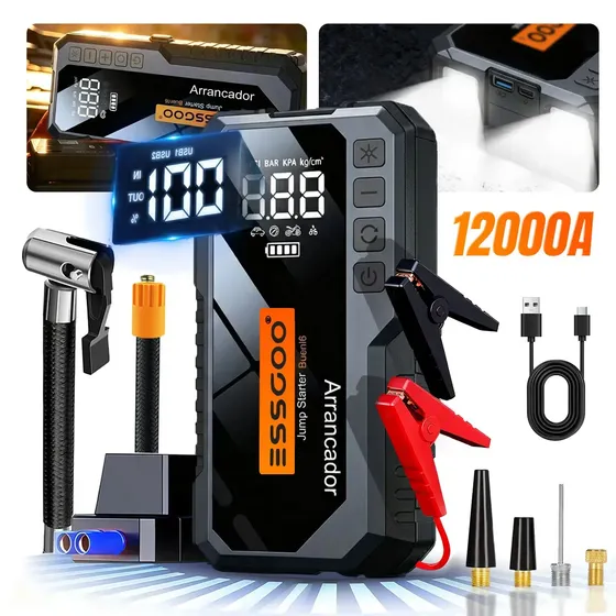 Portable Battery Arrancador Essgoo, 12000 A, 46800 mAh, Portátil Inflador Inteligente 150 psi, 12 V Para Coche, Moto, camioneta, Cortacésped, SUV Con Pantalla Linterna De Emergencia