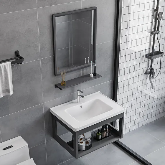 3 En 1 Lavabo De Cerámica Para Pared Baño Con Espejo Y Grif