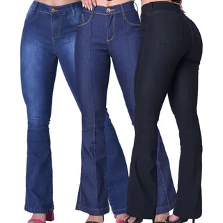 Kit 3 Calça Jeans Feminina Flare Cintura Alta Levanta Bumbum Kit 3 Calça Jeans Feminina Flare Cintura Alta Levanta Bumbum