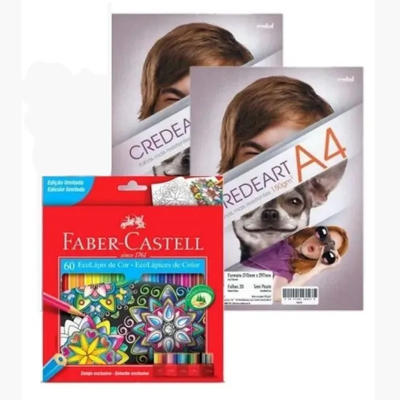 Lápis De Cor Faber Castell 60 Cores + 2 Blocos A4 De Desenho