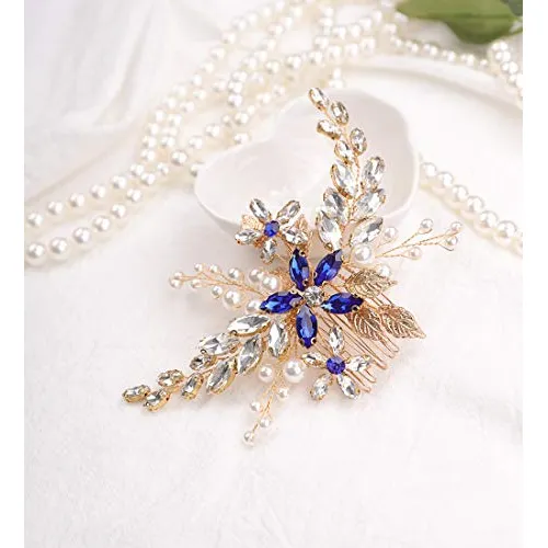 Aimimier Bridal Zafiro Cristal Pelo De La Perla Azul 54zdl