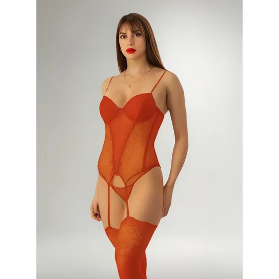 Conjunto Corset Con Portaligas De Encaje + Tanga De Tul
