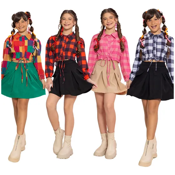 Conjunto Infantil Menina Festa Junina Camisa Xadrez Moda