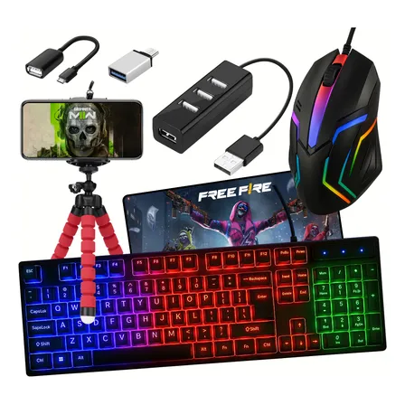Kit Gamer Mobilador Celular Teclado Mecanico Rgb Mouse Tripé - Preto - Preto