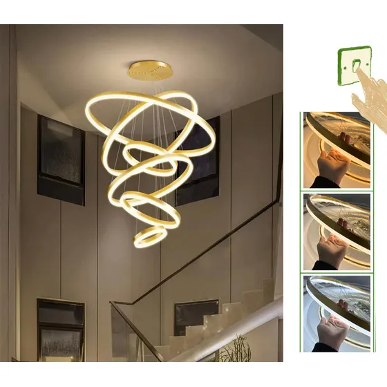 Lustre Pendente Moderno 6 Anéis Dourado Pé Direito Duplo Cabo 4m 240w Luz 3/1 - Green Age
