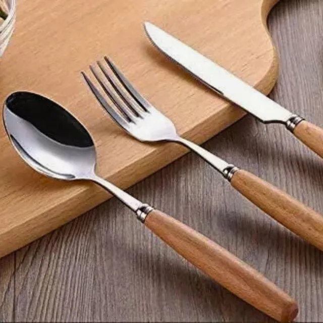 Set Cubiertos 16 Piezas Metal Acero Mango Madera Bambu Wood Marrón Claro