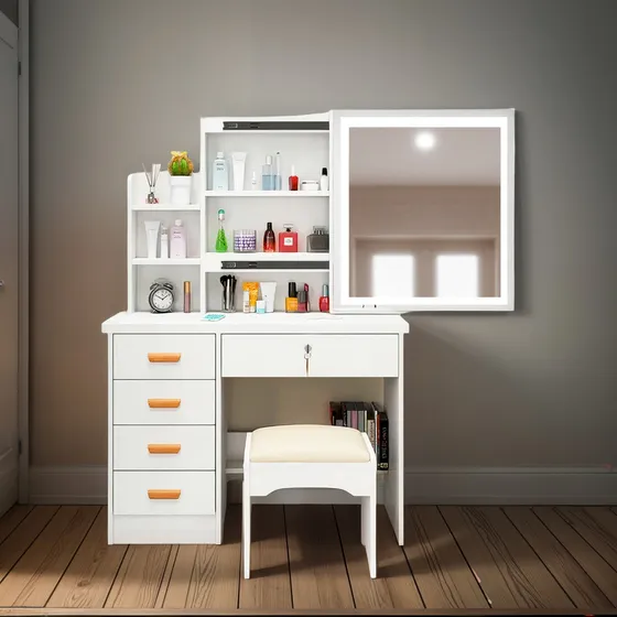 Buro Con Espejo Luz Led Vanity Taburet 5 Cajones Blanco Acabado Mate Bluelander 127x80x32 cm