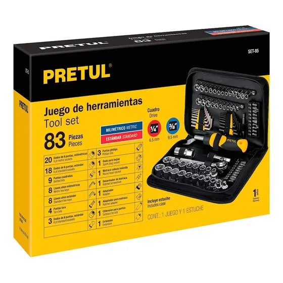 Juego Dados Llaves Puntas Allen Con 83 Piezas Pretul Set-85 Color Cromado