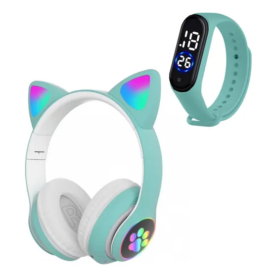 Fone Gatinho Bluetooth Unissex Crianças + Relógio Esporte