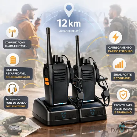 Walkie Talkie Rádios Comunicador Kit Com 2 Unidades Radinho Walk Talk Completo Fone Microfone E Acessórios - Radio De Comunicação Longo Alcance Comunicação Segura Com 16 Canais Preto 127/220v