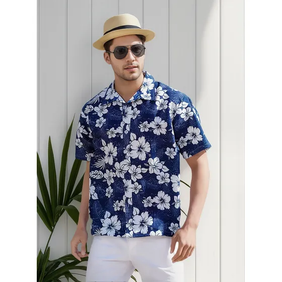 Camisa Hawaiana Ajustada Con Solapa Para Hombre 4098