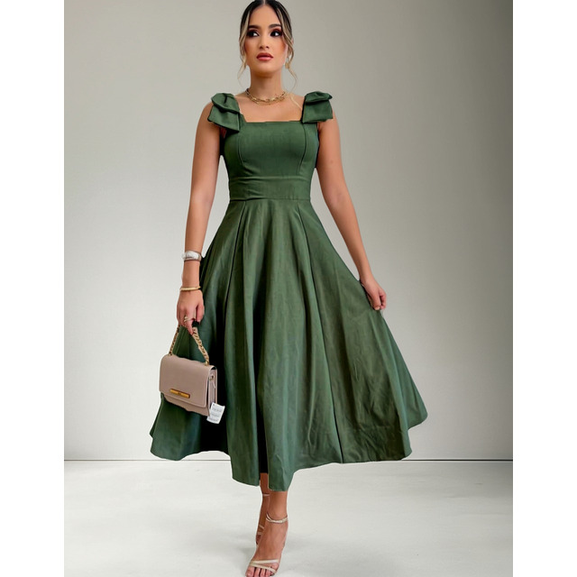 Vestido Longo De Linho Forrado Com Lacinho No Ombro Bojo Vestido Longo De Linho Forrado Com Lacinho No Ombro Bojo