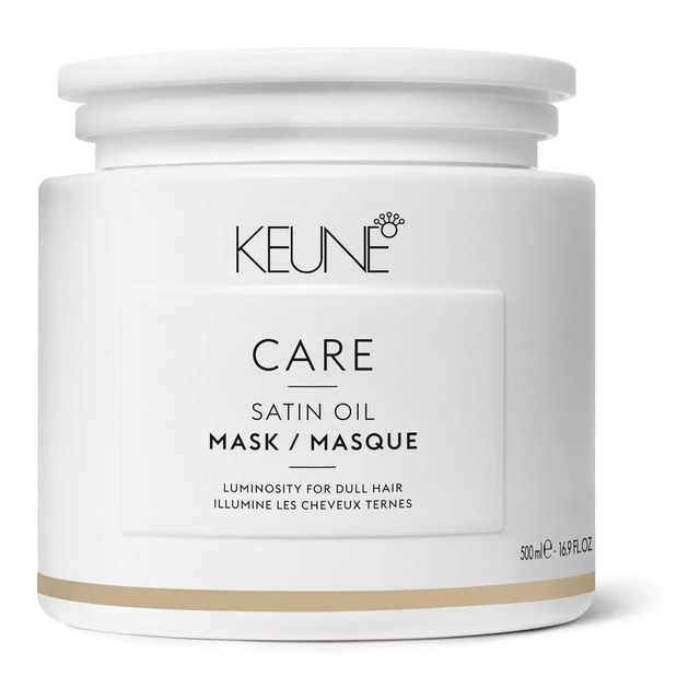 Pote branco da máscara de tratamento Keune Care Satin Oil de 500ml com tampa rosqueável