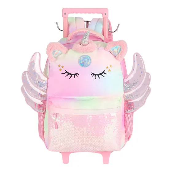 Mochila Escolar Menina Rodinha E Costas Unicornio Peluciada Cor Rosa