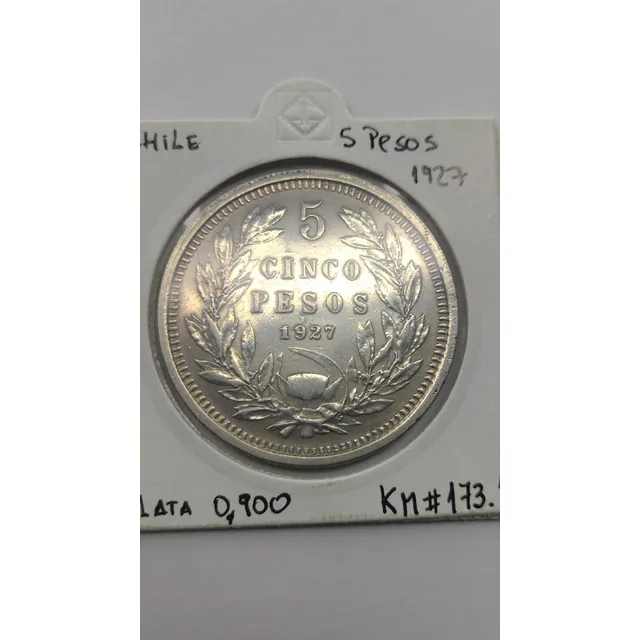 Antique, Moneda De Plata Chilena, 5 Pesos 1927