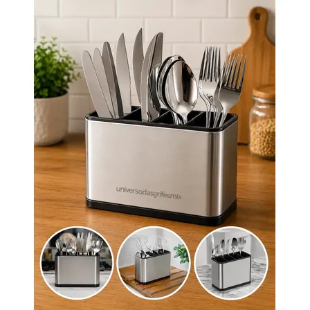 Porta-talheres De Aço Inox Com 4 Divisórias Para Cozinha Prateado