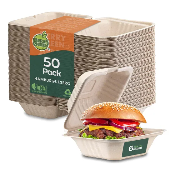 Berry Green 50 Hamburgueseros Contenedores Compostables Para Alimentos, Material de Alta Calidad, Resistente a Líquidos, Ecológico, Hecho de Fibras de Caña de Azúcar de 15 x 15 x 7.5 cm (6 Pulgadas)