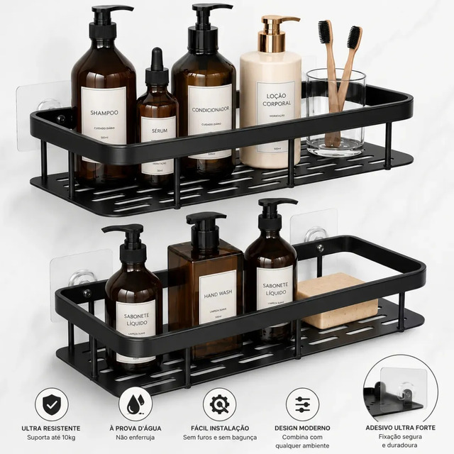 Kit 2 Suporte Porta Shampoo Nicho Prateleira Banheiro Adesivo Parede Sem Furo Box Luxo Tragaluz Preto Kit 2 Suporte Porta Shampoo Nicho Prateleira Banheiro Adesivo Parede Sem Furo Box Luxo Tragaluz Preto