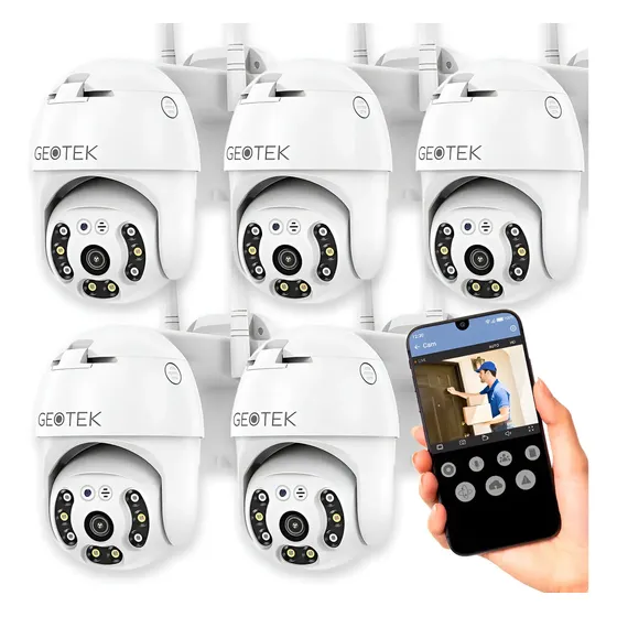 Kit 5 Camaras Seguridad Geotek 3mp Ip Wifi Exterior Domo Vision Nocturna Inteligente Deteccion de Movimiento Seguimiento Automatico Blanco