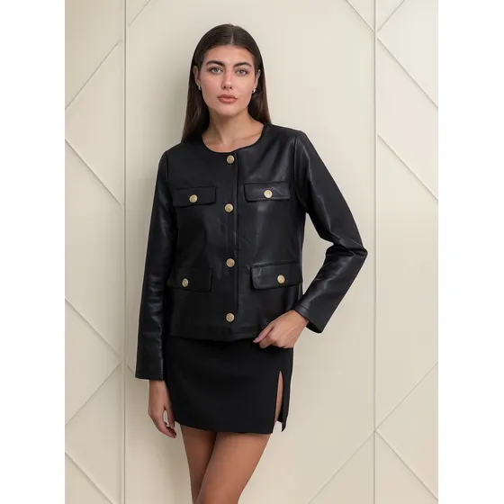 Campera Chaqueta De Mujer Eco Cuero Entallada Con Botones
