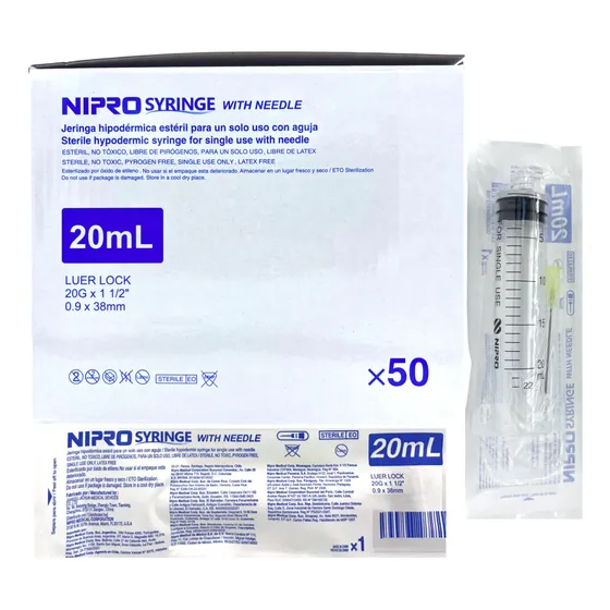 Jeringa HiPodérmica 20 Ml Aguja 20g X 38mm Nipro Caja Con 50