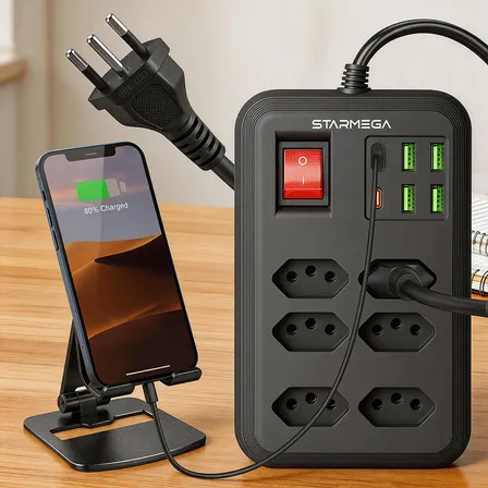 Extensão 2 Metros 110-220v 6 Tomadas E 4 Usb 2 Pd Led Bivolt Preto 110-220v