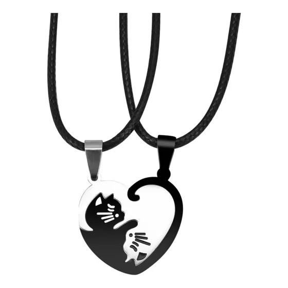 Pukaut Collares Pareja Yin Yang Gatos Acero Inoxidable Negro