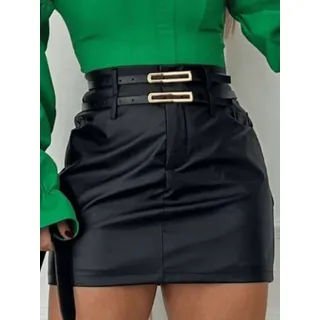 Saia Feminina Curta Cinto Duplo Cintura Alta Bolsos Corino Saia Feminina Curta Cinto Duplo Cintura Alta Bolsos Corino