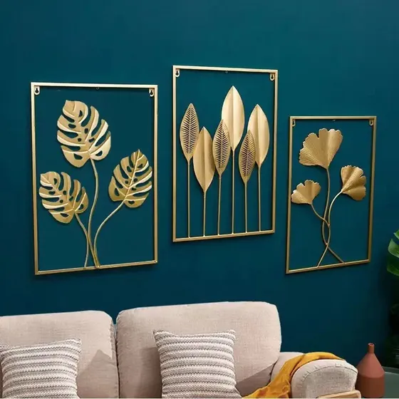 Set De 3 Cuadros Decorativos De Metal Dorado - Diseño Hojas